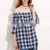Blouses Latest Fashion Design Women Clothing Gingham Button Pocket Off The Shoulder Blouse thumbnail-5