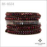 Maroon Pearl Wrap Bracelet On Brown Leather