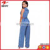 OEM Service High Quality Fashion Sexy Stripes Button Front Belted Jumpsuit thumbnail-2