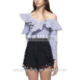 2017 Summer New Style Navy Stripe Jumpsuit Long Sleeve One Shoulder Lotus Neck Cotton Top and Mini Lace Pant Sets thumbnail-3