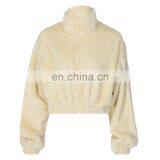 Hot Selling White Color Women Winter Fleece Zip up Crop Bomber Jackets and Coats thumbnail-3