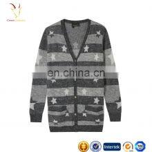 Womens V Neck Cashmere Cardigan Black and Grey Striped Sweaters thumbnail-3