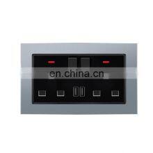 UK Standard Double 3 Pin Wall Socket With Switch Aluminum Alloy Panel With USB Sockets And Switches Electrical With LED Light thumbnail-1