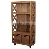 Solid Wood Bookcase with industrial iron wheels, Popular Vintage style Bookcase