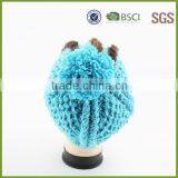 Blue Color Custom Knitted Pom Beanie Hat With Fur thumbnail-3
