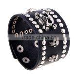 Fashion Cool Rock Wide Genuine Leather Wrap Skull Bracelet thumbnail-4