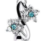 Crystal Aqua Gem Flower Spiral Belly Ring,316L Jewlery,body Jewelry, Twist Belly Ring Piercing