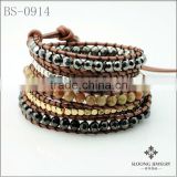 Wholesale Faceted Magnetic Bead Five Wrap Bracelet On Brown Leather