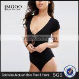 Women Sexy Cut Out Bodysuit With Knot Front In Rib Plain One Piece Cap Sleeve Cheap Price thumbnail-1