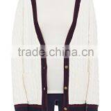 Wholesale Pure White V-Neck Rib-Knit Cashmere Women Sweater With Buttons Fastening and Slant Pockets thumbnail-2