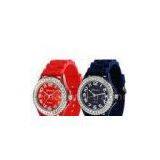 Diamond Quartz Geneva Watches With Red / Black / Yellow Silicone / Rubber Band