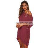 Solid Color V-neck Hand Hook Stitching Sexy Hollow Loose Beach Bikini Blouse Skirt Dress thumbnail-2