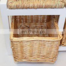 White Two Seater Wooden Storage Bench With Wicker Baskets and Seating thumbnail-2