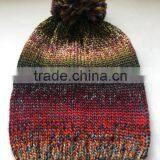 Space Dye Chunky Roving Yarn Girls Knitted Beanie Hat With Big Pompon thumbnail-1