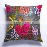 Grey Kantha Pillow Cover Indian Floral Pillow Handmade Throw Pillow 16X16 thumbnail-4
