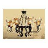 Black 8 Light Home Decorative Wrought Iron Chandelier With Amber Glass Shade