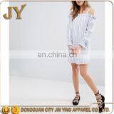 Blue and White Stripe Woven Dress Square Neck Cold-shoulder Design With Stretch Frill Trims Wholesale Items thumbnail-2