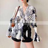 TWOTWINSTYLE Women's Shirts V Neck Flare Long Sleeve Pleated Tunic Large Size Casual Summer Blouses thumbnail-2