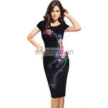 Kenancy Fashion Elegant Vintage Summer Dress Women Flower Peacock Printed Slim Evening Sheath O-Neck Pencil Party Vestidos thumbnail-1