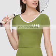 Soft Slim Fit Gym Fitness Sports Yoga Crop Top Built In Bra Padded Workout Running Training Wear Clothes T Shirts For Women thumbnail-1