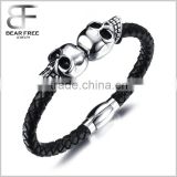 Fashion Black Braided Genuine Leather Skull Bracelet Wristband for Men with Stainless steel Magnetic Buckle
