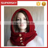 V-430 new design chunky warm hand knit Infinity hooded cowl scarf with button crochet circle cable loop scarf