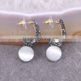 White Round Cat's Eye Earring, Metal Copper Gold Cuff Earrings, Pave Rhinestone Stud Earring thumbnail-2