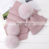 Winter Wool Knitted Beanies Scarf Fox Fur Pompom Knitted Hat Wool thumbnail-3