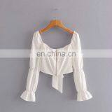 TWOTWINSTYLE Hollow Out Women's Shirt Square Collar Lantern Sleeve Tunic Lace Up Bow Fashion thumbnail-2