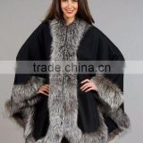 Original Design Long Pushmina Poncho With Silver Fox Fur Trim Ladies Fur Cashmere Shawl/Cape
