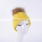 Bright Yellow Knitting Beanie Hats With Big Fur Pompoms for Winter Warm KZ160075 thumbnail-2