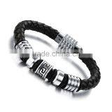 Mens Genuine Leather Bracelet With Magnetic Clasp Stainless Steel Beads thumbnail-1