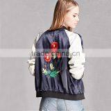 Satin Back Floral Embroidered Striped Raglan Sleeves Casual Coats for Ladies thumbnail-6