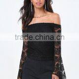 Clothes Woman Fashion Long Bell Sleeve Off-shoulder Lace Blouse Black for Wholesale 2017 thumbnail-1