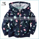 Children Clothes All Over Floral Print French Terry Zipper Up Girls Hoodie