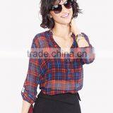 Women's Basic Classic Lightweight Collar Plaid Chiffon Shirt thumbnail-6