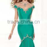 Green Satin Beaded Sweetheart Neckline Sample Design Short Sleeve Dress thumbnail-3