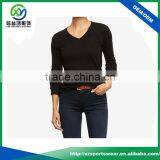 Popular V Neck 100% Cotton Fabric Women Long Sleeve Black t Shirt thumbnail-1