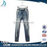 Cheap New Style Fray Hem Comfortable Light Blue Lace Stitched Slim Fit New Design Jeans for Girls thumbnail-1
