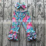 Floral Print Girls Autumn Long Pattern Pants Soft Baby Cotton Icing Ruffle Pants Matching knot Bows