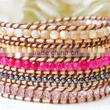 Gold Plated Stripe Leather Bracelet With Colorful Beads thumbnail-1