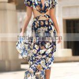 Women Summer Beach Fashion Maxi Dress Floral Print Women Cuting Long Dress thumbnail-2