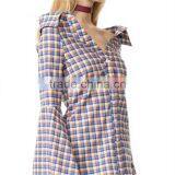 OEM Fashion Strapeless Neckline Horn Cuff Plaid Women Blouse thumbnail-3