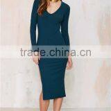 Women New Model Ladies Emerald Green Plunging Neckline Midi Bandage Long Sleeve Prom Dress thumbnail-2