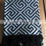 100%acrylic black and white vintage geometry jacquard woven throw blanket with fringe