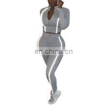 Manufacturer Wholesale Women's Suit Sexy Solid Color Tight-fitting Casual Long-sleeved Two-piece Large Size Custom LOGO thumbnail-2
