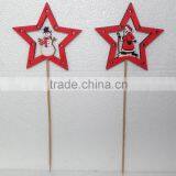 Christmas Wooden stars shape Stick with snowman /santa claus ornament cheap XMAS garden decoration picks