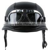 Motorcycle Biker WWII Style DOT Black Leather German Motorcycle HALF Helmet W/Pilot Goggles thumbnail-1