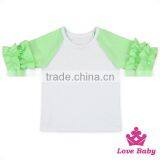 High Quality Raglan Sleeve Soft Cotton White Tops Fabric With Ruffle Green Sleeves Kids Girls Clothing thumbnail-2