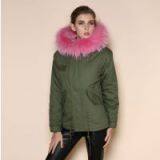 Military Womens Pink Fur Hooded Parka Long Sleeve Fashon Real Raccoon Fur Collar Fur Parka